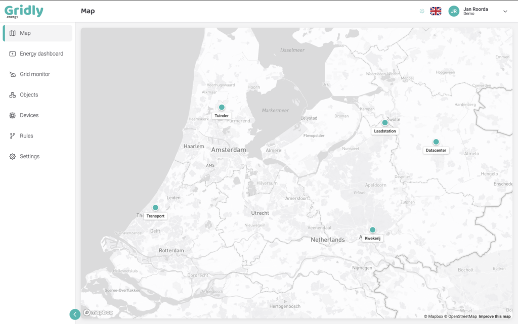 Gridly Energy map view with real-time overview of distributed energy assets
